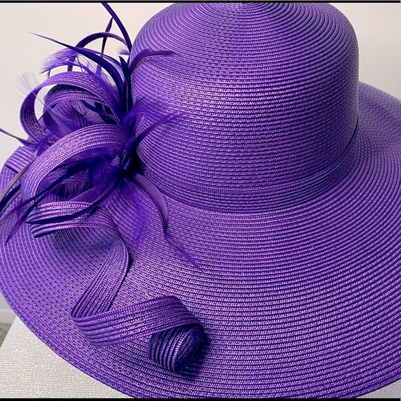 Statement Purple Wide-Brim Formal Hat with Feather Detail - Picture 2 of 6